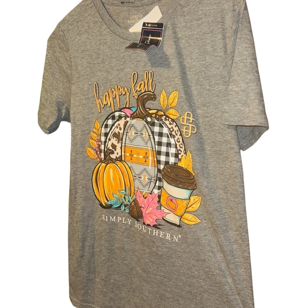 New simply southern happy fall pumpkins latte gray tshirt autumn leaves size M - Picture 2 of 4